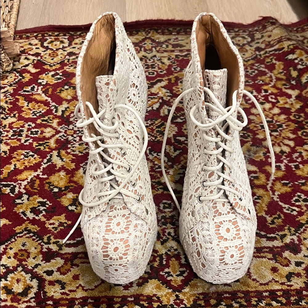 Jeffrey Campbell White Crochet Lace Platform Heeled Boots
